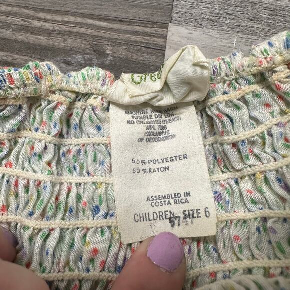 Vintage Kate Greenaway White Green Blue 6 Off-Shoulder Floral Boho Smocked Dress - Picture 5 of 9